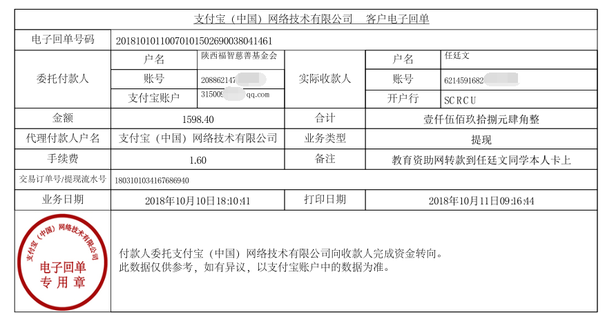 教育资助网给任廷文同学转款的电子回单