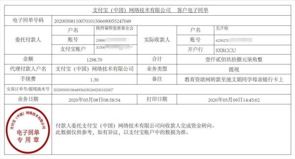 教育资助网给池文娟同学转款的电子回单