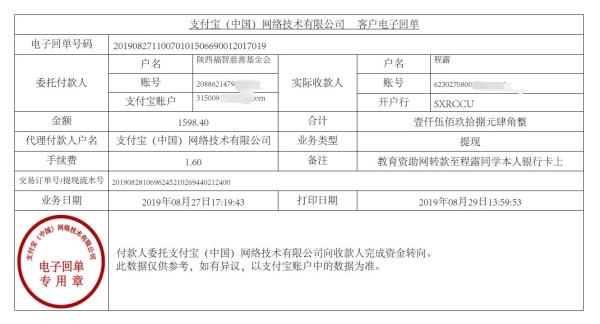 教育资助网转款给程露同学的电子回单