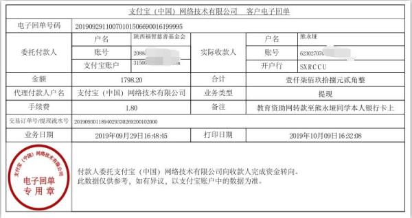 教育资助网转款给辛成武同学的电子回单