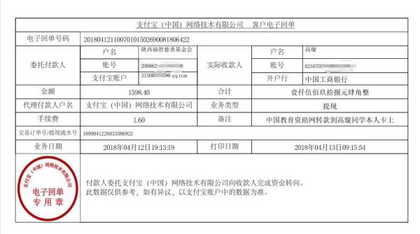 中国教育资助网转款给高璇同学的电子回单