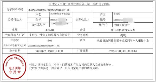 教育资助网转款给辛成武同学的电子回单