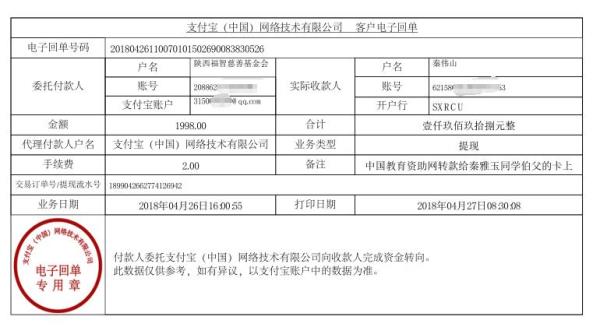 中国教育资助网给秦雅玉同学转款的电子回单