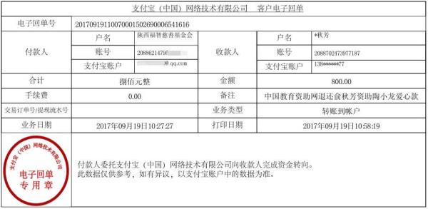 中国教育资助网退还俞秋芳资助陶小龙同学善款