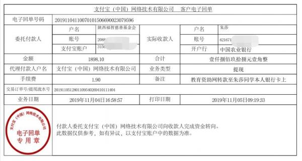 教育资助网转款给朱莎同学的电子回单