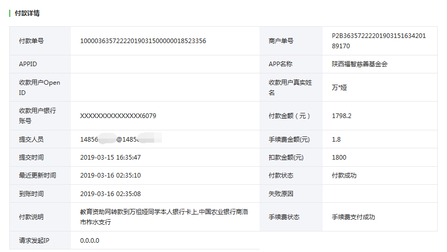 教育资助网给万祖娅同学转款的电子回单