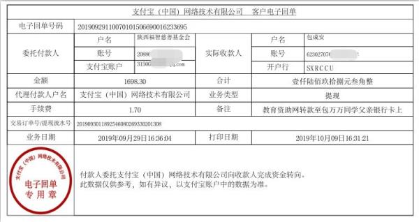 教育资助网转款给包万万同学的电子回单
