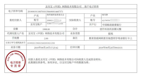 教育资助网转款给杨慧同学的电子回单