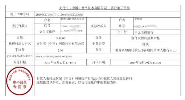教育资助网转款给李泽瑜同学的电子回单