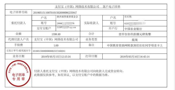 中国教育资助网给任壮壮同学转款的电子回单
