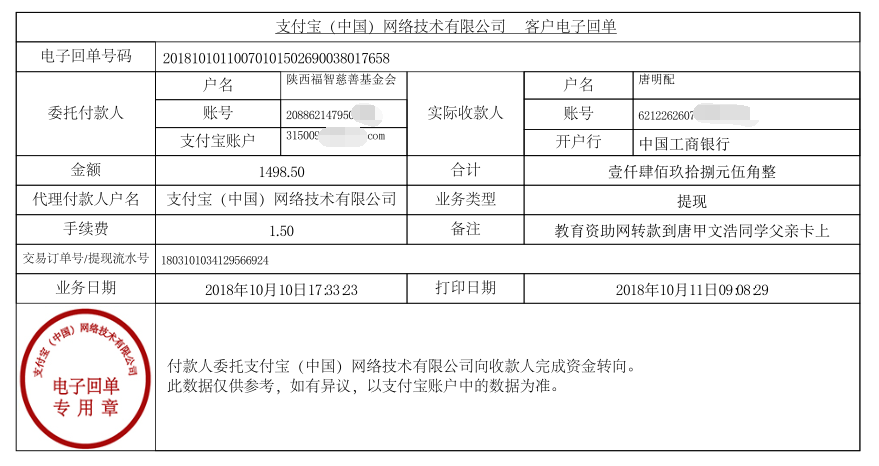 教育资助网给唐甲文浩同学转款的电子回单