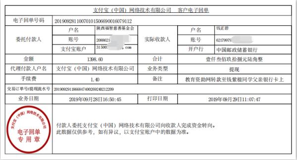 教育资助网转款给钱紫楹同学的电子回单