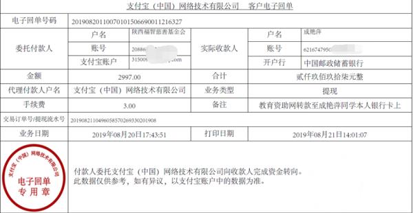 教育资助网给成艳萍同学的电子回单