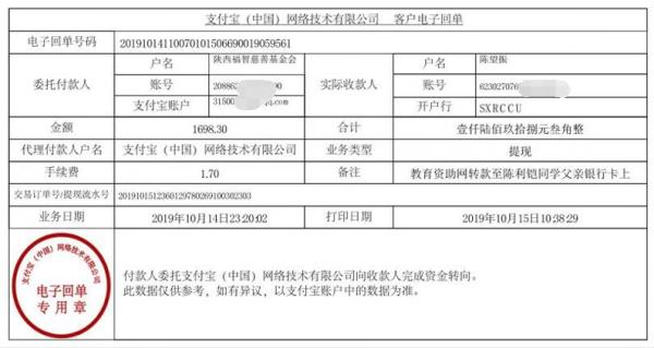 教育资助网转款给陈利铠同学的电子回单
