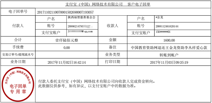 中国教育资助网给李丛祥同学退款的电子回单