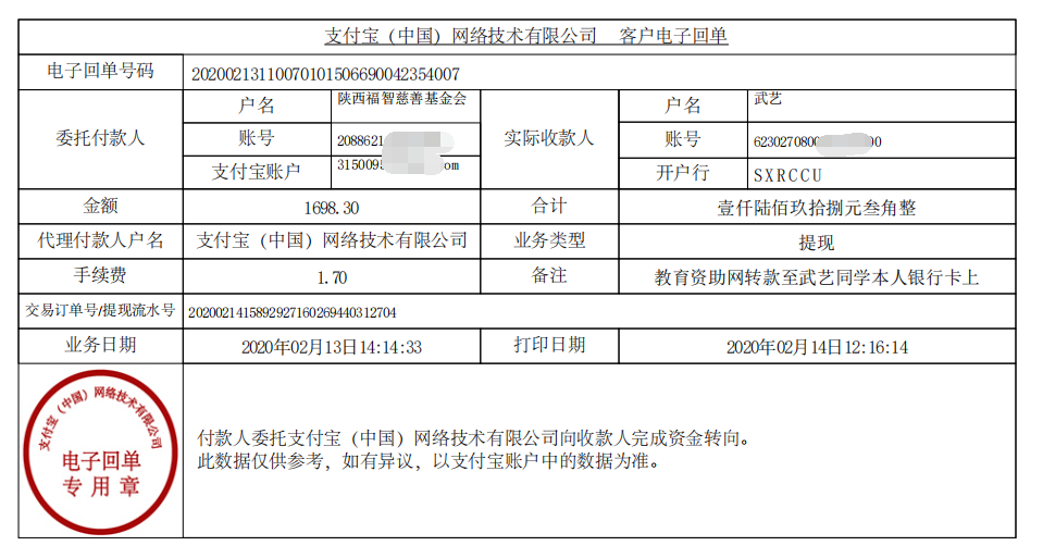 教育资助网给武艺同学转款的电子回单