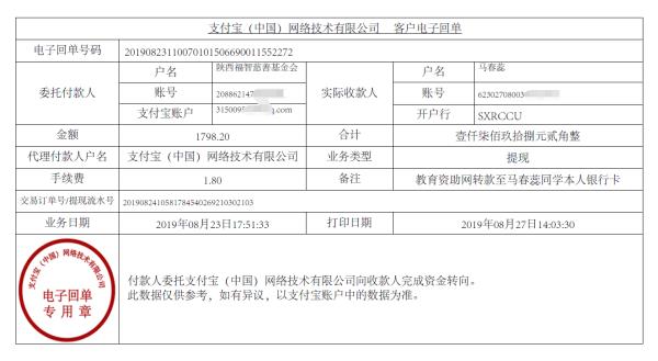 教育资助网转款给马春蕊的电子回单