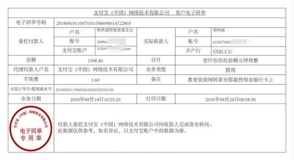 教育资助网转款给邵淑然同学的电子回单