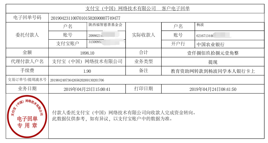 教育资助网给杨波同学转款的电子回单