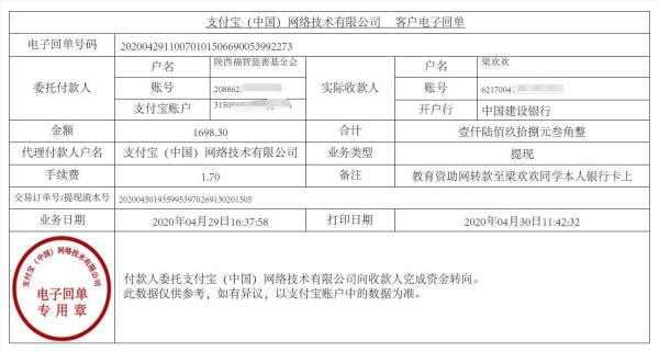 教育资助网给梁欢欢同学转款的电子回单