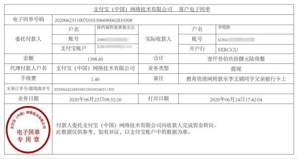 教育资助网给李文婧同学转款的电子回单