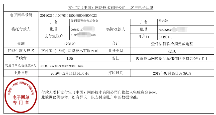 教育资助网给杨伟伟同学转款的电子回单