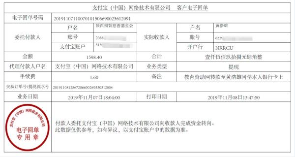 教育资助网转款给黄浩雄同学的电子回单