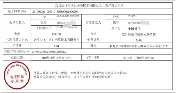 教育资助网转款给李云刚同学的电子回单