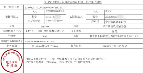 教育资助网转款给黄信宇同学的电子回单