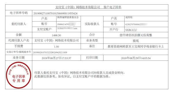教育资助网转款给王宝珠同学的电子回单
