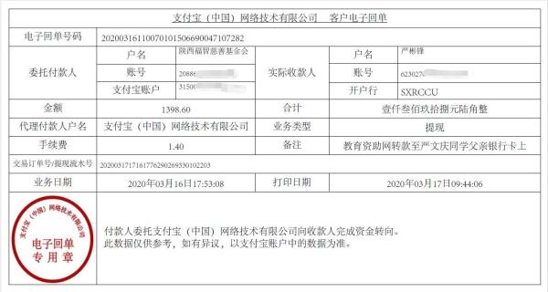 教育资助网给严文庆同学转款的电子回单