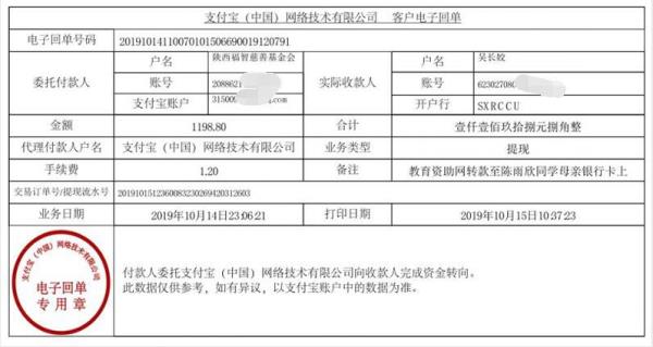 教育资助网转款给陈雨欣同学的电子回单