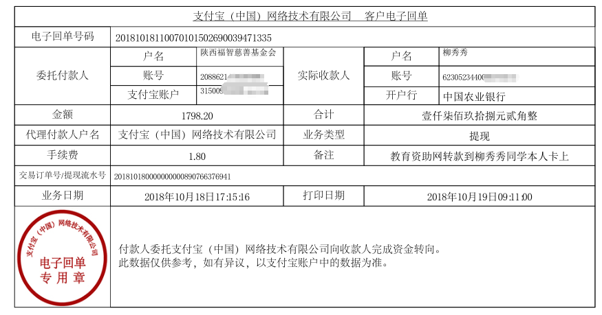 教育资助网给柳秀秀同学转款的电子回单