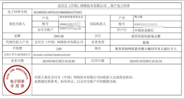 教育资助网转款给甄小榆同学的电子回单