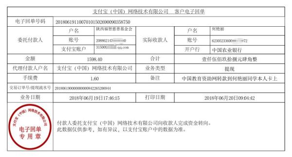 中国教育资助网给何艳丽同学转款的电子回单