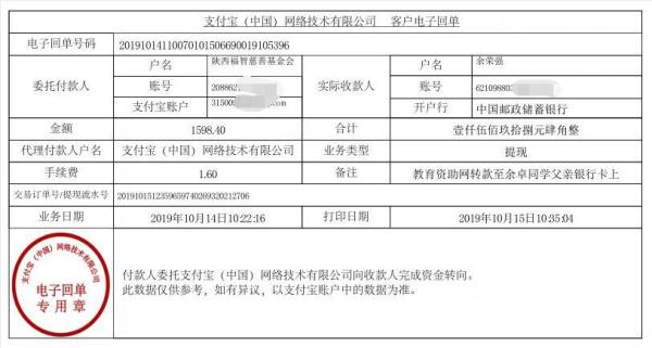 教育资助网给余卓同学转款的电子回单