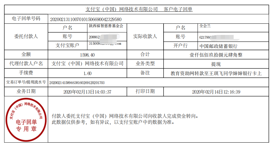 教育资助网给王琪飞同学转款的电子回单