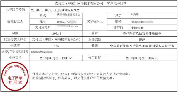 中国教育资助网转给刘海峰同学的电子回单