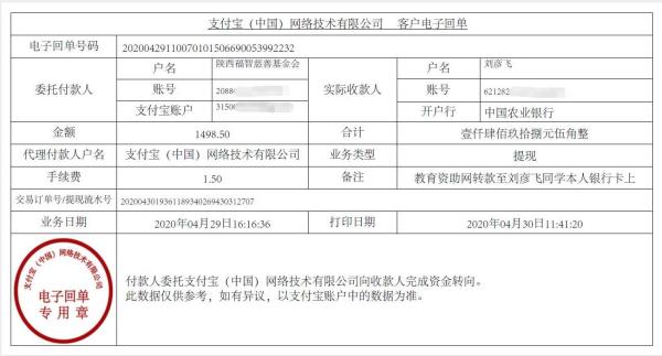 教育资助网给刘彦飞同学转款的电子回单