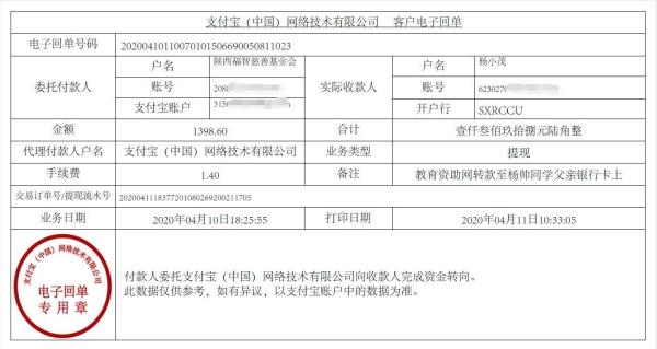 教育资助网给杨帅同学转款的电子回单