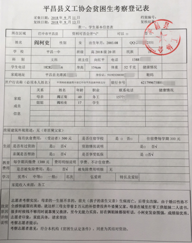 平昌县义工协会登记阎柯吏同学家庭情况信息