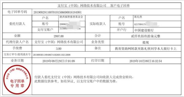 教育资助网转款给陈礼侠同学的电子回单
