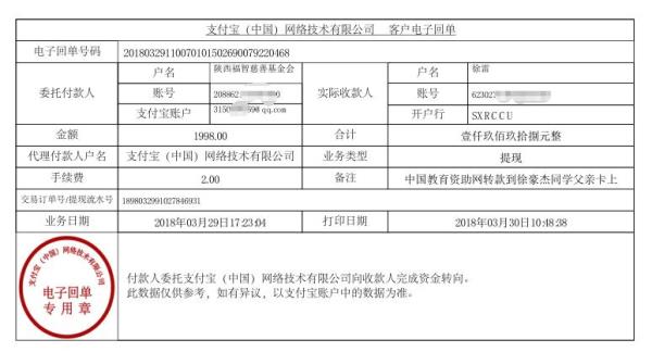 中国教育资助网转款给徐豪杰同学的电子回单