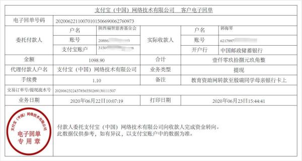 教育资助网给殷瑞同学转款的电子回单