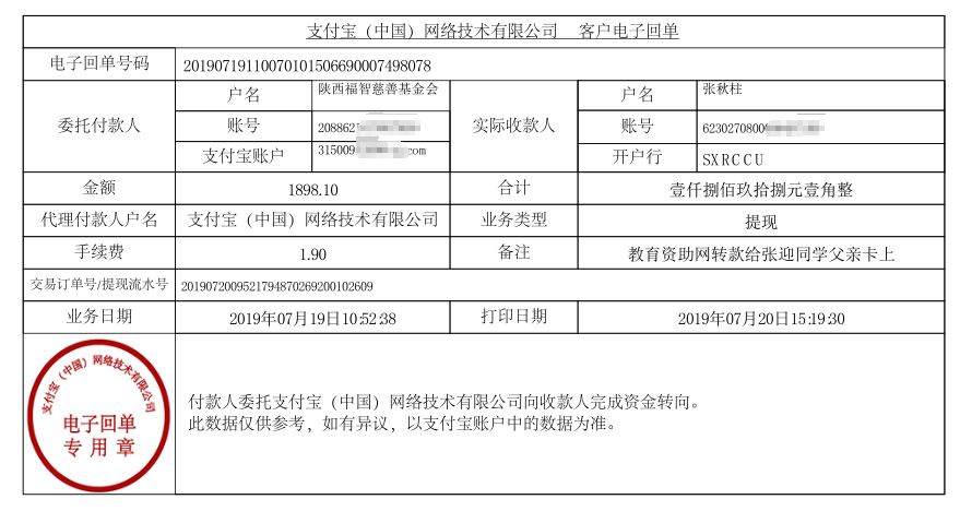 教育资助网给张迎同学转款的电子回单