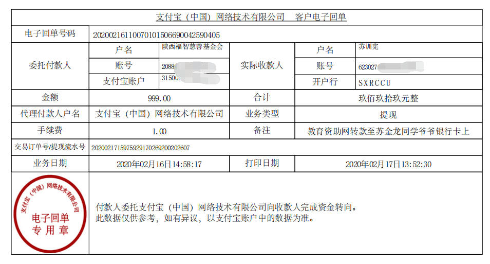 教育资助网给苏金龙同学转款的电子回单