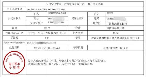 教育资助网转款给樊光林同学的电子回单