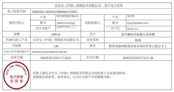 教育资助网转款给宋齐伟同学的电子回单