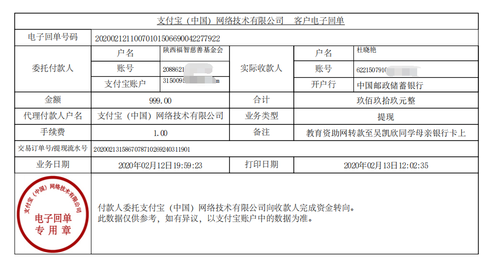 教育资助网给吴凯欣同学转款的电子回单