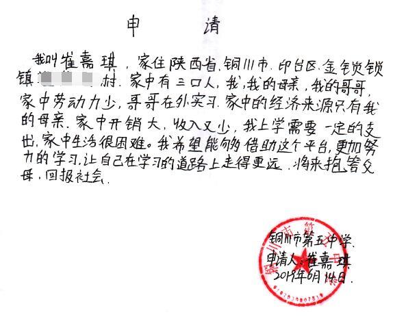 崔嘉琪贫困申请书